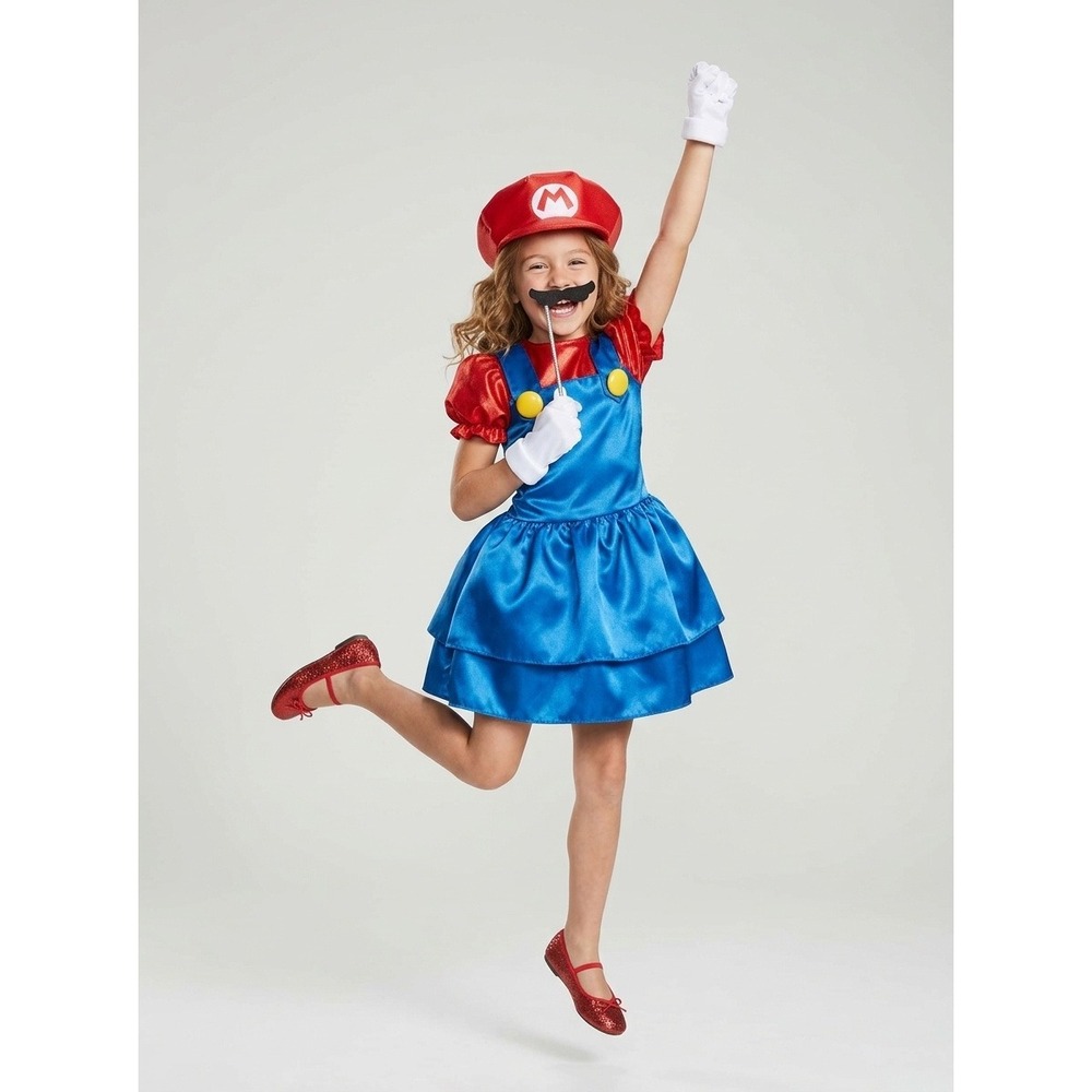 Super Mario Girls Costume Dress Nintendo Disguise Hat Mustache Set Kids S 4-6X